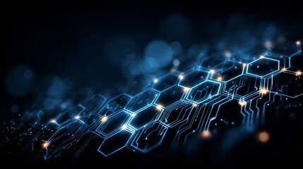 Glowing hexagonal circuit pattern on futuristic digital surface in dark blue tones.