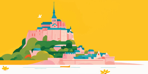 Obraz premium An architectural marvel nestled amidst a colorful landscape, showcasing the timeless beauty. A stylized castle stands proudly atop a verdant hill.