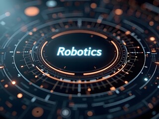 A captivating digital rendering showcases the word Robotics in glowing blue text centered within concentric, orange-accented technological rings, horizontal composition.