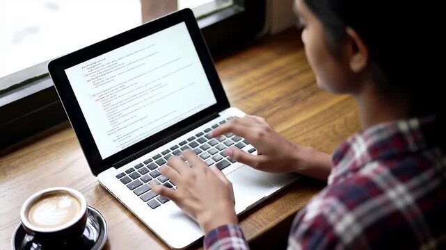 Woman Codes on Laptop in Cafe with Coffee Cup on Wooden Table