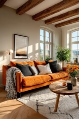 Stylish living room with orange sofa and cozy sunlight ambiance