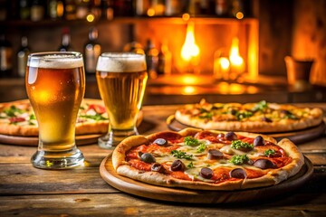 Warm Tavern Scene Pizza and Beer by a Cozy Fireplace