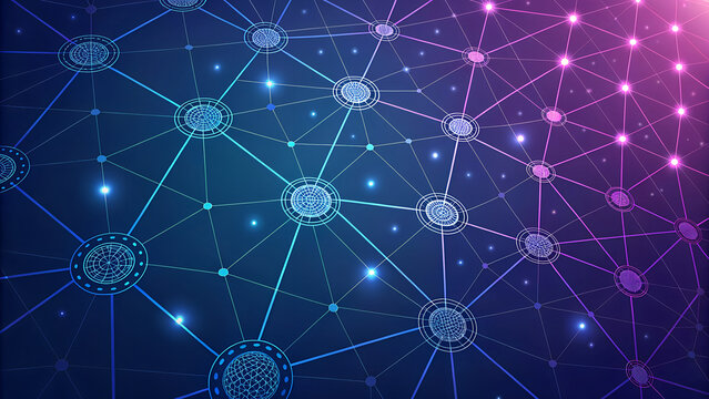 Abstract network illustration with connected circles and lines on a blue and purple gradient - Powered by Adobe
