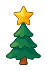 Fototapeta premium Cartoon Christmas tree with a yellow star on top golden star on treetop