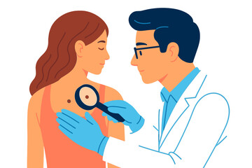 Doctor examining a patient's skin with magnifying glass in clinic dermatologist examining mole