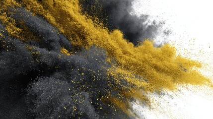 Abstract explosion of black and gold powder creating a dynamic visual effect in a minimalist setting