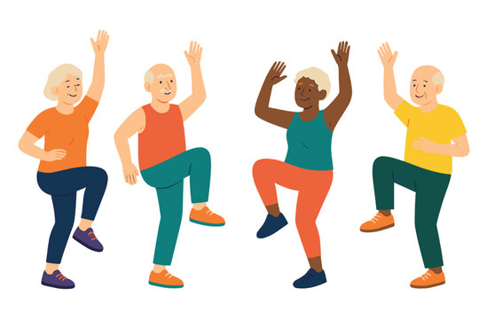 Diverse group of elderly people dancing together and having fun older adults doing aerobics