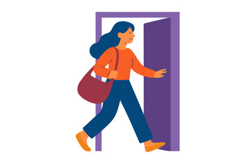 Young woman walking through a purple door with a bag  woman leaving house with bag
