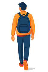 Fototapeta premium Young man walking with backpack in casual outfit outdoors man walking away on street