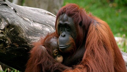 Amazing moment in lush rainforest, mother orangutan with baby sitting beside large log tree, surrounded by vibrant greenery, tall trees, and soft sunlight filtering through canopy