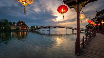 Scenic sunset view over tranquil lake with traditional asian architecture and luminous lanterns
