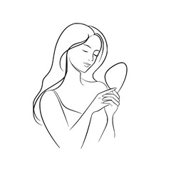 Elegant woman with long hair gazing into a handheld mirror in a simple line drawing style illustration