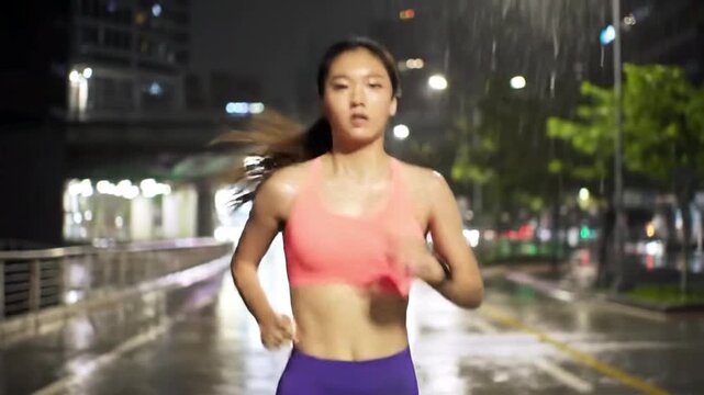 Woman runs in rain clad in coral sports bra  purple leggings Wet pavement reflects city lights at night