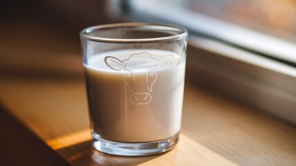 Fresh Milk in Glass with Cow Face Etching.