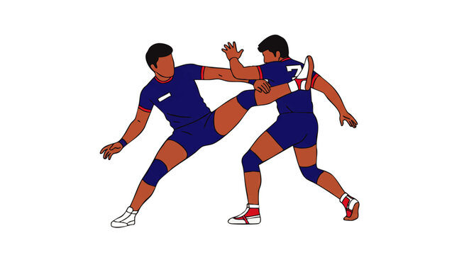 Dynamic illustration of two male Kabaddi players in blue uniforms during a competitive match.