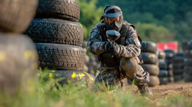 Crouching paintballer taking cover near tire barricades aiming marker with focus in outdoor field.