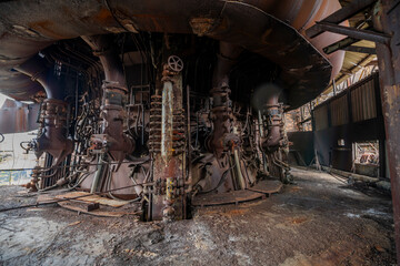 Abandoned Heavy Industrial Ruins with Large Blast Furnace in Steelworks