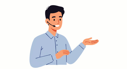 Friendly male customer support operator with a headset smiling and gesturing with an open palm.