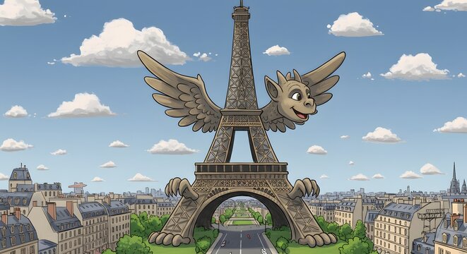 Whimsical Eiffel Tower Creature: A Fantasy Gargoyle Landmark in Paris