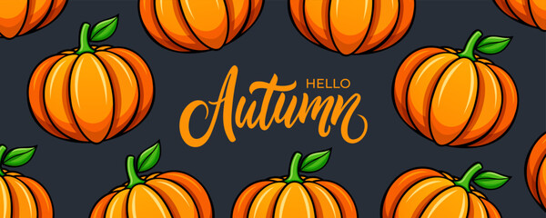 Hello Autumn background with ripe pumpkins and hand lettering for Fall season creative graphic design. Vector illustration.