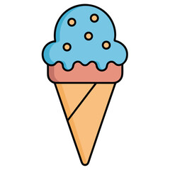 Ice cream cone with blue scoop and peach toppings on white background