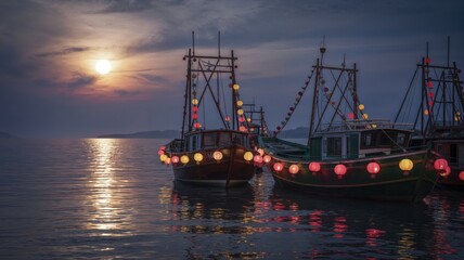 Fototapeta premium Colorful lanterns adorn fishing boats at sunset on tranquil water, Mid-Autumn Festival celebrate