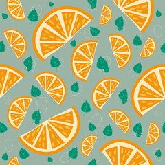 Citrus Orange Slice Seamless Pattern with Water Drops on Aqua Background