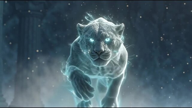 majestic Patronus in the form of a panther charges forward, glowing with a brilliant silver-blue aura. Its muscular body is made of pure magical energy, appearing slightly translucent, with shimmering