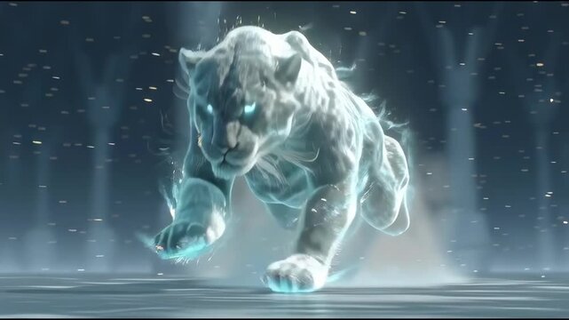 majestic Patronus in the form of a panther charges forward, glowing with a brilliant silver-blue aura. Its muscular body is made of pure magical energy, appearing slightly translucent, with shimmering