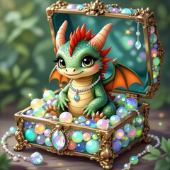 3d rendering of a cute little dragon sitting in a treasure chest
