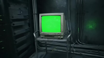 Green Screen CRT Monitor in Dark Server Room - Technology, Data Center, Retro, Cyberpunk - Powered by Adobe