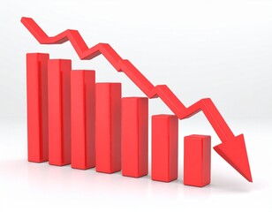Wooden whiteboard easel with descending red bar graph chart arrow down. 3d rendered 
