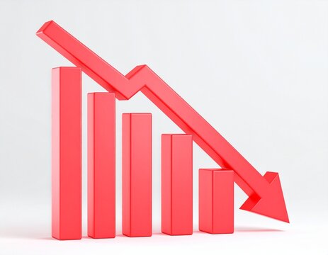 Wooden whiteboard easel with descending red bar graph chart arrow down. 3d rendered 