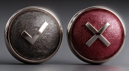Two metallic buttons; one textured gray with a checkmark, the other textured red with an X