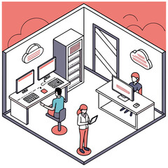 Isometric office space with workers at desks computers cloud storage and server rack in a modern design