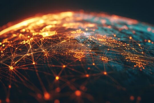 Abstract representation of a global network with illuminated connections over Earth at night - Powered by Adobe