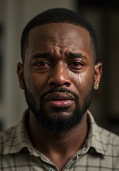 Obraz premium Close-up shot of a Black man crying with tears streaming down his face, expressing deep sadness and emotional distress