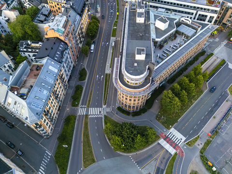 Aerial view of the city's modern architecture and bustling streets, a blend of old and new near Aker Brygge, Oslo, Oslo, Norway.
