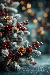 Festive Christmas decorations with pine branches and glowing lights