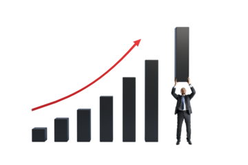 Businessman raising last step of bar chart showing upward arrow on white background, symbolizing support, achievement, and career growth