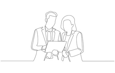 Continuous one line drawing of two business professionals holding laptop to review work together, representing teamwork and collaboration in corporate environment, single line art
