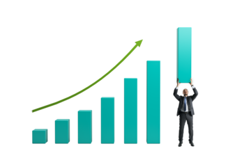 Businessman lifting a bar upward on a growth chart, realistic style, white background. Concept of business success, support, and progress