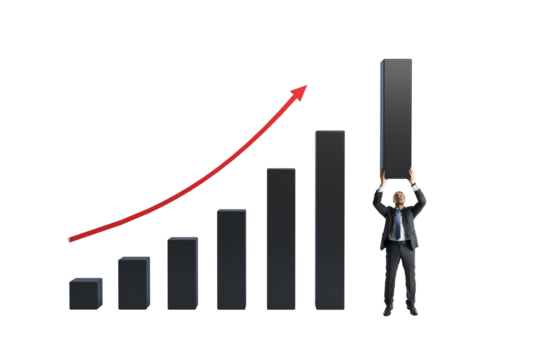 Businessman raising last step of bar chart showing upward arrow on white background, symbolizing support, achievement, and career growth