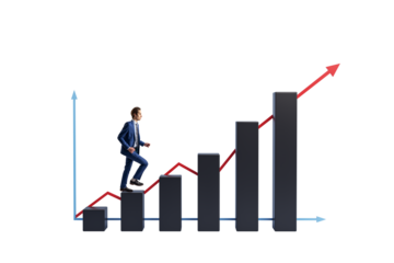 Man in suit ascending staircase-like bar graph with red upward arrow, isolated on white background, symbolizing success and professional growth