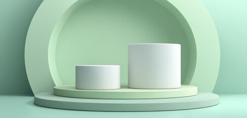 Minimalist green background with two white cylindrical podiums for product showcase