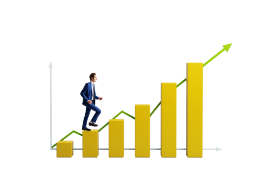 Man in suit climbing yellow bar graph steps with upward green arrow on white background, symbolizing business growth and achievement