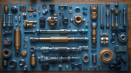 Fototapeta premium A collection of mechanical parts neatly arranged on a blue board showcasing precision engineering