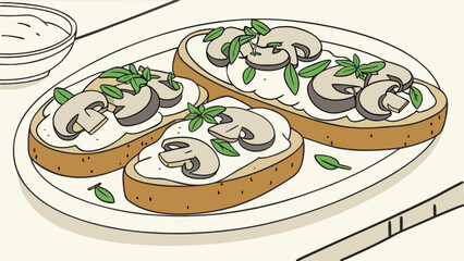 Mushroom toast recipe easy appetizer healthy snack vegetarian breakfast brunch lunch delicious food illustration