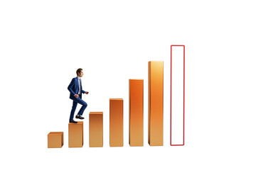 Businessman in suit climbing orange bar steps, minimal style on white background, symbolizing business growth, ambition, and achievement