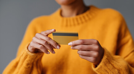 Person in yellow sweater holding bank card for online or physical payment.